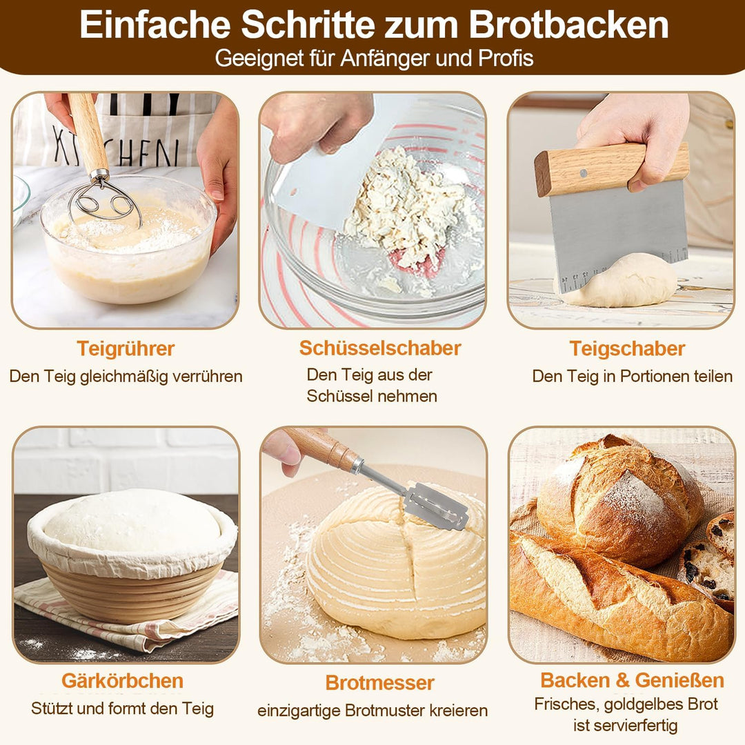 Komplettes Gärkörbchen Sauerteig Starter Set, 2 Gärkorb (25cm Ovale & 23cm Runde), 900ML Sauerteig G
