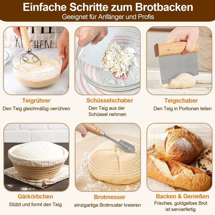 Komplettes Gärkörbchen Sauerteig Starter Set, 2 Gärkorb (25cm Ovale & 23cm Runde), 900ML Sauerteig G