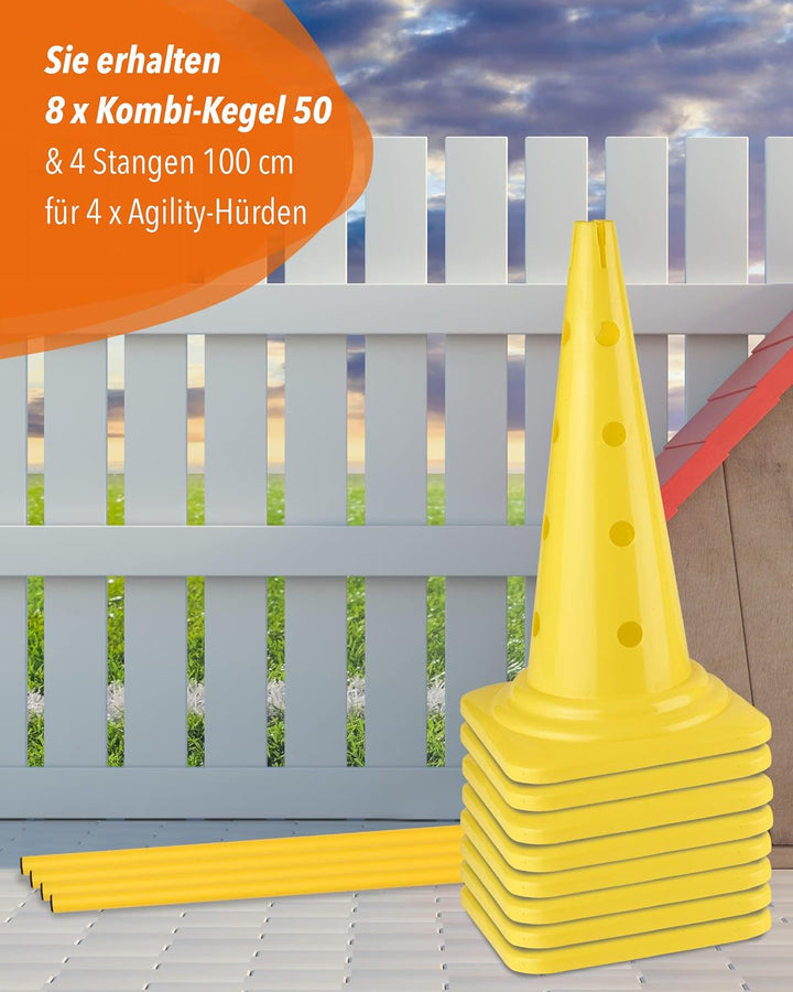 Kombi Kegel-Hürde 50 mit Stangen 100 cm – 4er Set – Parcours-Hindernis für Agility Training – Sprung