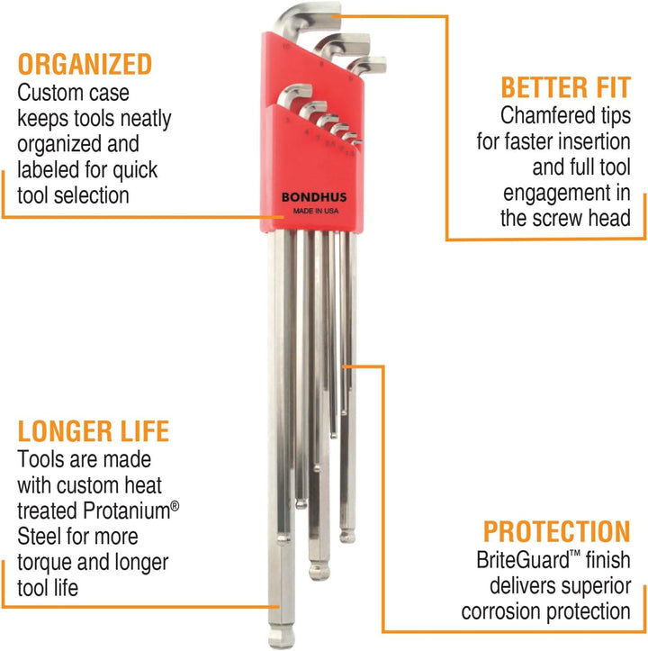Bondhus 16799 9 Piece Stubby Ball End Tip Hex Key L-Wrench Set with BriteGuard Finish, Long Arm