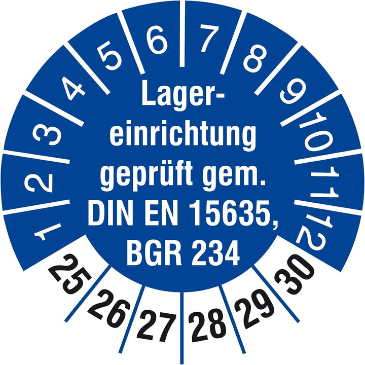 2500 Prüfetiketten 18 mm Lagereinrichtung geprüft DIN EN 15635 BGR 234 2025-2030 Prüfplaketten 2500