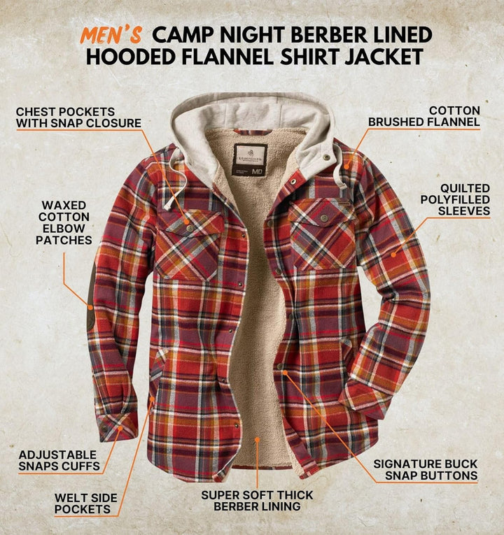 Legendary Whitetails Herren Camp Night Berber Lined Hooded Flannel Langärmlig, Cardinal Arrowood Pla