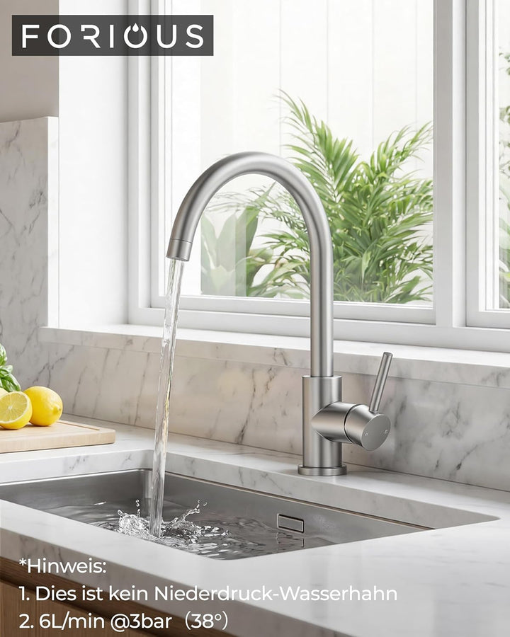 FORIOUS Wasserhahn Küche, Mischbatterie Armatur, Edelstahl, 360° Schwenkbar, Einhebel-Warm- und Küch