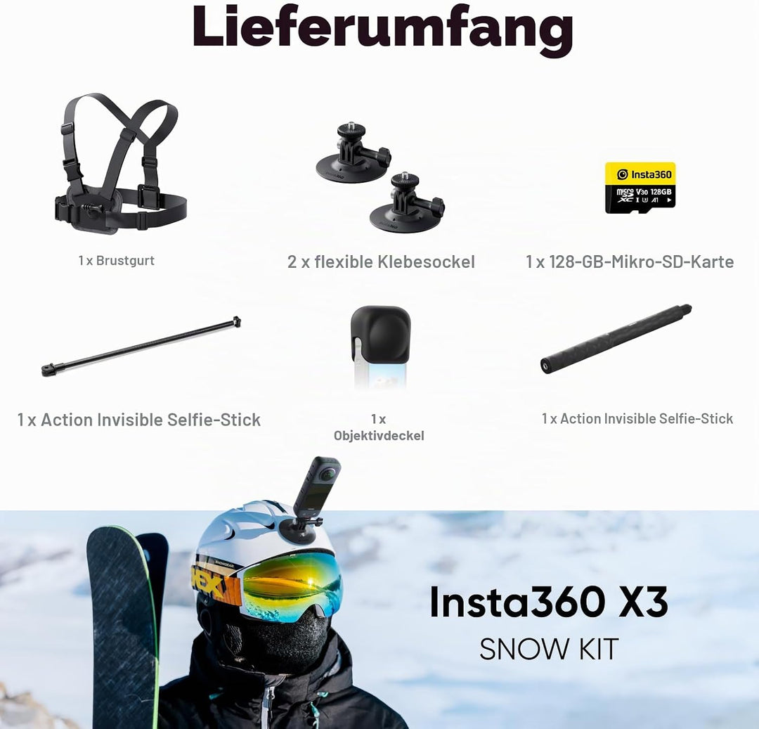 Insta360 X3 Schnee-Kit - wasserdichte 360°-Actionkamera mit 1/2"-Sensor, 5,7K 360°, 72MP 360°-Fotos,