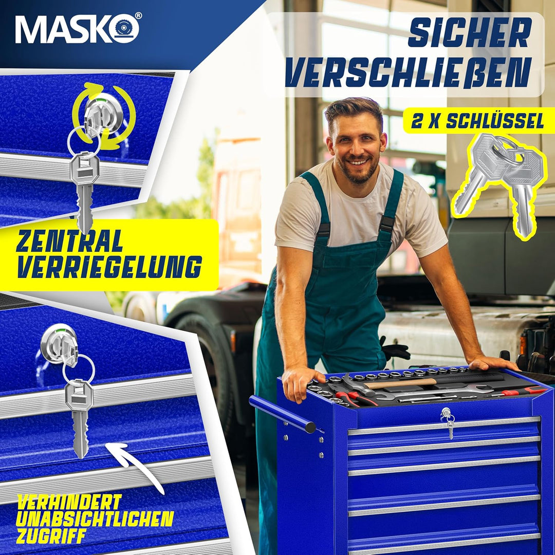 MASKO® Werkstattwagen - 7 Schubladen, blau ? Abschliessbar ? Massives Metall | Werkzeug-Wagen | Prof