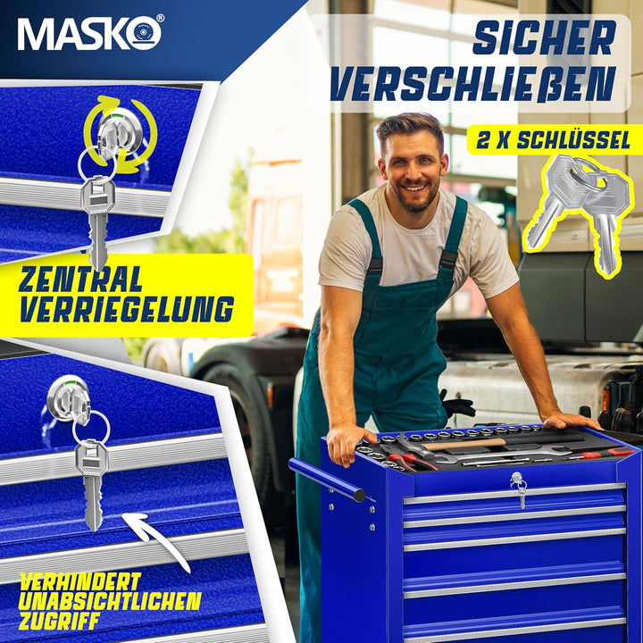 MASKO® Werkstattwagen - 7 Schubladen, blau ? Abschliessbar ? Massives Metall | Werkzeug-Wagen | Prof