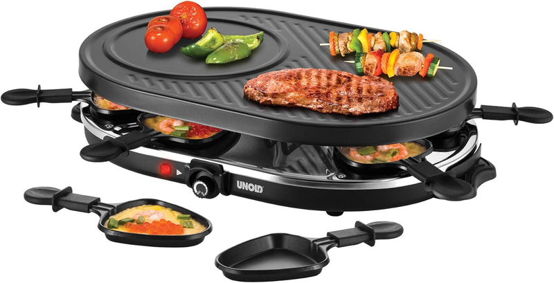 Unold 48795 RACLETTE Gourmet, 1200W, für bis zu 8 Personen, Antihaftbeschichtete Grillplatte, Glatte