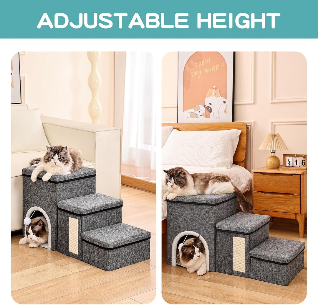 4 in 1 Faltbare Hundetreppe für Bett &amp; Sofa, 3 Stufen Haustierleiter mit Aufbewahrungsboxen, Katzenh