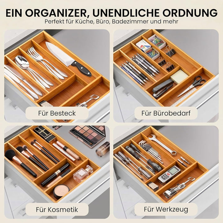 Dimono® Schubladeneinsatz Besteckeinsatz aus Bambus-Holz Schubladen; 7-9 Fächer Ordnungssystem Flexi
