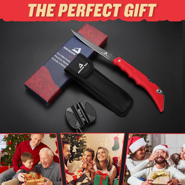 DRAGON RIOT Filetiermesser Fisch Scharf, Angelmesser Klappbar, Edelstahl Fischmesser mit Anti-Rutsch