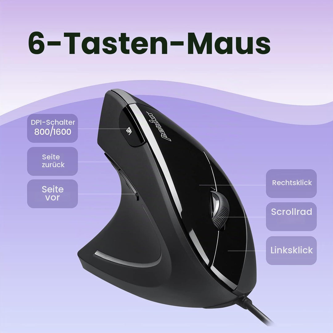 Perixx Perimice-513L Vertikale ergonomische Maus mit 2 DPI, 6 Tasten optische Ergo-Maus mit 2 Level