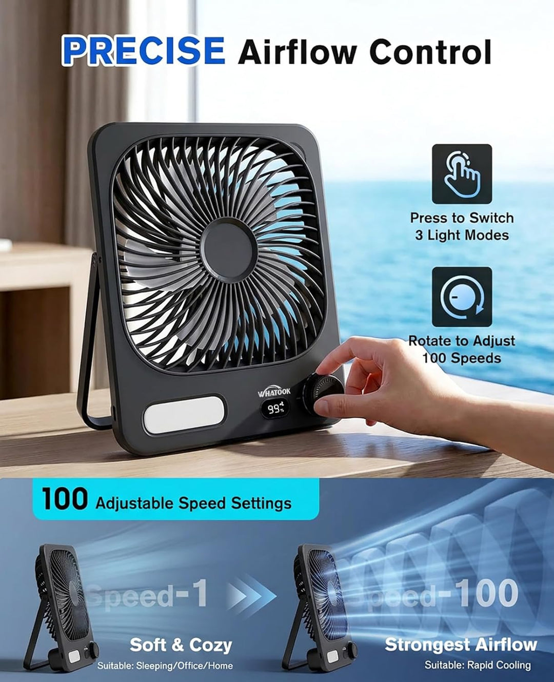 Akku Ventilator: 10000mAh 40H Tischventilator Leise mit 100 Stufen, 15s Auto-Aus LED Display, Reinig