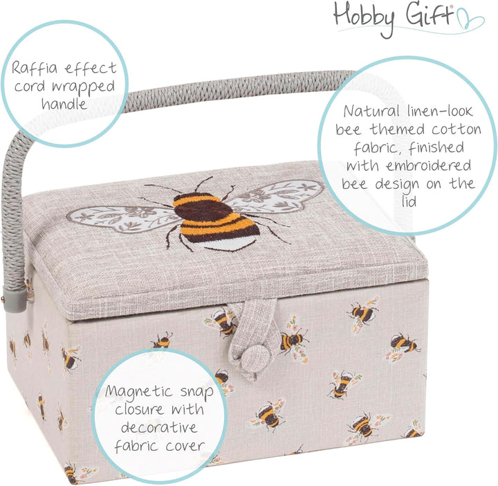 Hobby Gift MRME 87.1 Nähkästchen, Holz/Stoff, Gestickte Biene, 26 x 19 x 14.5cm, Gestickte Biene