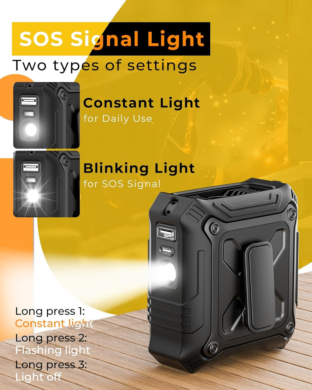TUNISE Gürtelclip-Ventilator, 8000 mAh wiederaufladbarer Akku, 5 Stufen bis zu 24 h Laufzeit, integr