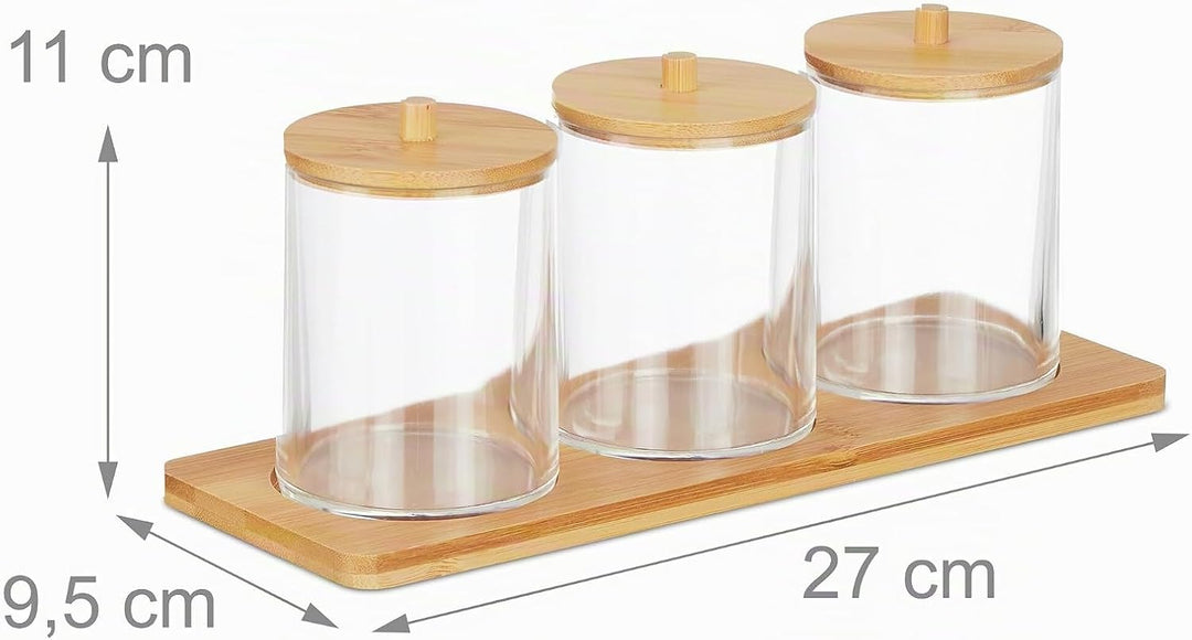 Relaxdays Wattestäbchenbehälter mit Tablett, 3 Becher m. Deckel, Kosmetik Organizer Kunststoff/Bambu
