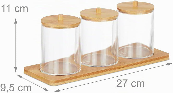 Relaxdays Wattestäbchenbehälter mit Tablett, 3 Becher m. Deckel, Kosmetik Organizer Kunststoff/Bambu