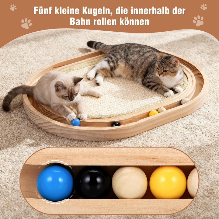 2-in-1 Kratzbretter Katze und Katzenspielzeug Kugelbahn Holz, 43x33x3 cm Katzen Kratzbrett Sisal, kr
