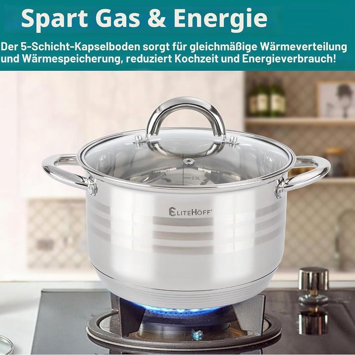 EliteHoff 12-Teilig Induktion Kochtopf-Set, 5-lagig Edelstahl Kochtopf, 6er Set Töpfe mit Deckeln, f