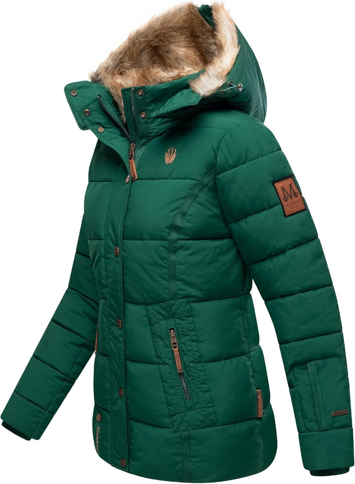 MARIKOO Damen Winterjacke warme Steppjacke mit Kunstfell Innenfutter Nekoo XS-3XL 3XL Evergreen, 3XL