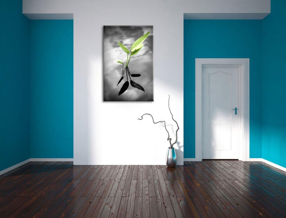 Pixxprint grüne Blätter im Wasser auf Leinwand, XXL riesige Bilder fertig gerahmt mit Keilrahmen, Ku