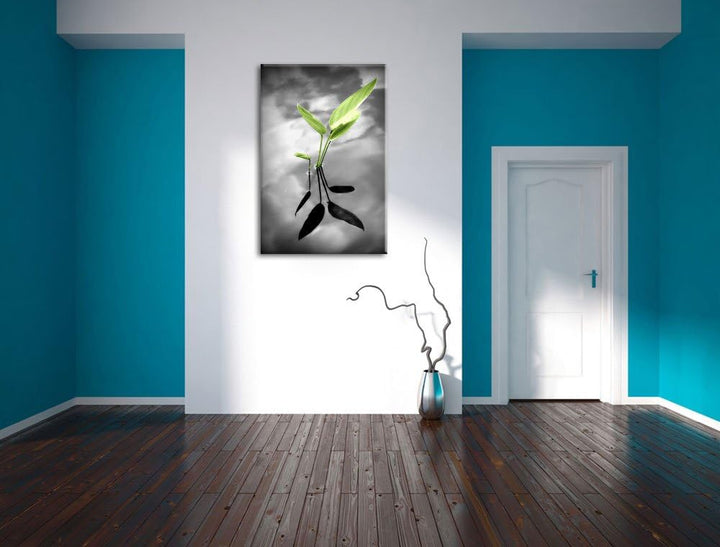 Pixxprint grüne Blätter im Wasser auf Leinwand, XXL riesige Bilder fertig gerahmt mit Keilrahmen, Ku