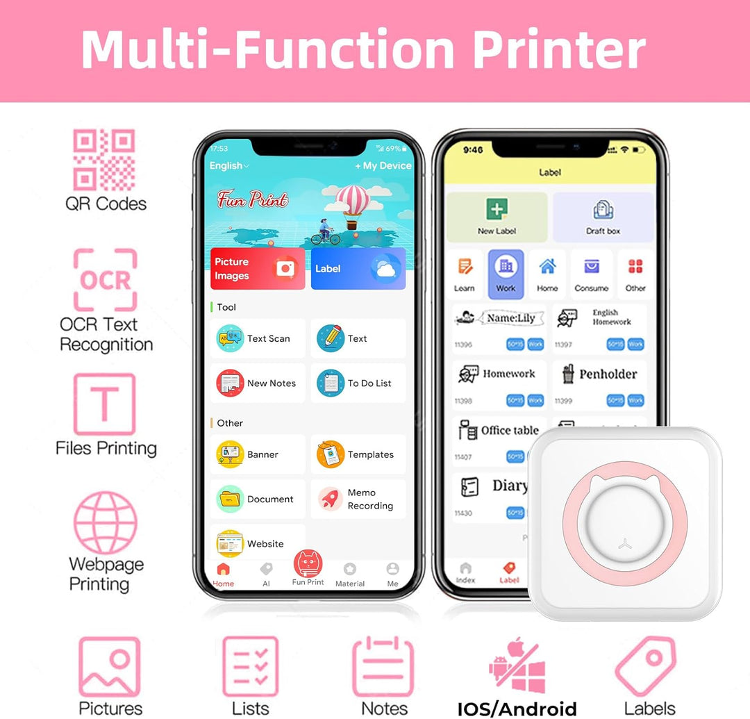 Mini Drucker, Wireless Fotodrucker Thermodrucker, Tragbarer Mini Fotodrucker, Smartphone Bluetooth D