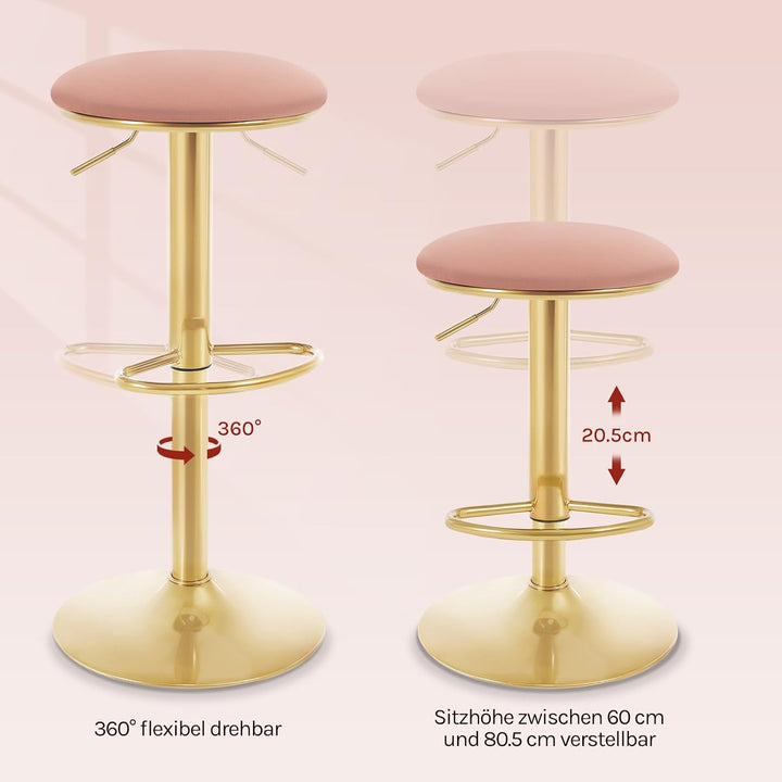 WOLTU Barhocker 2er Set, 60-80,5 cm Höhenverstellbar, Samt, Rosa | Ergonomischer Barstuhl, mit Fusss