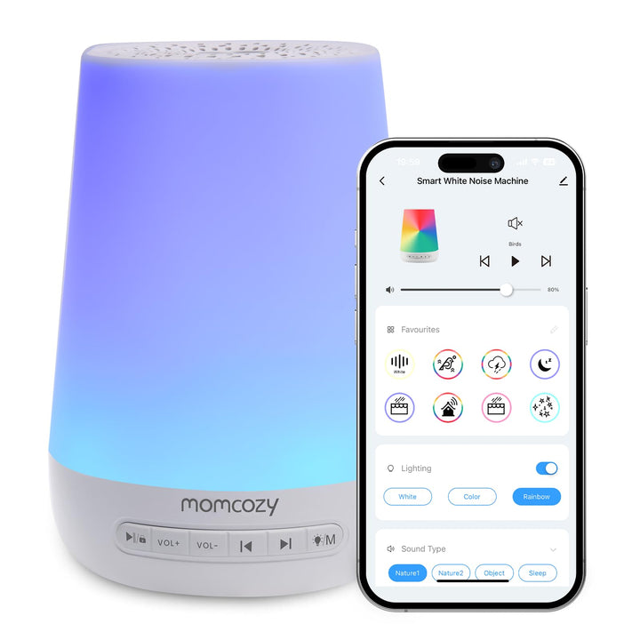 Momcozy DB03 White Noise Machine Baby, Mit 34 Geräuschen Therapy, Nachtlicht, 7 Farben APP-Steuerung