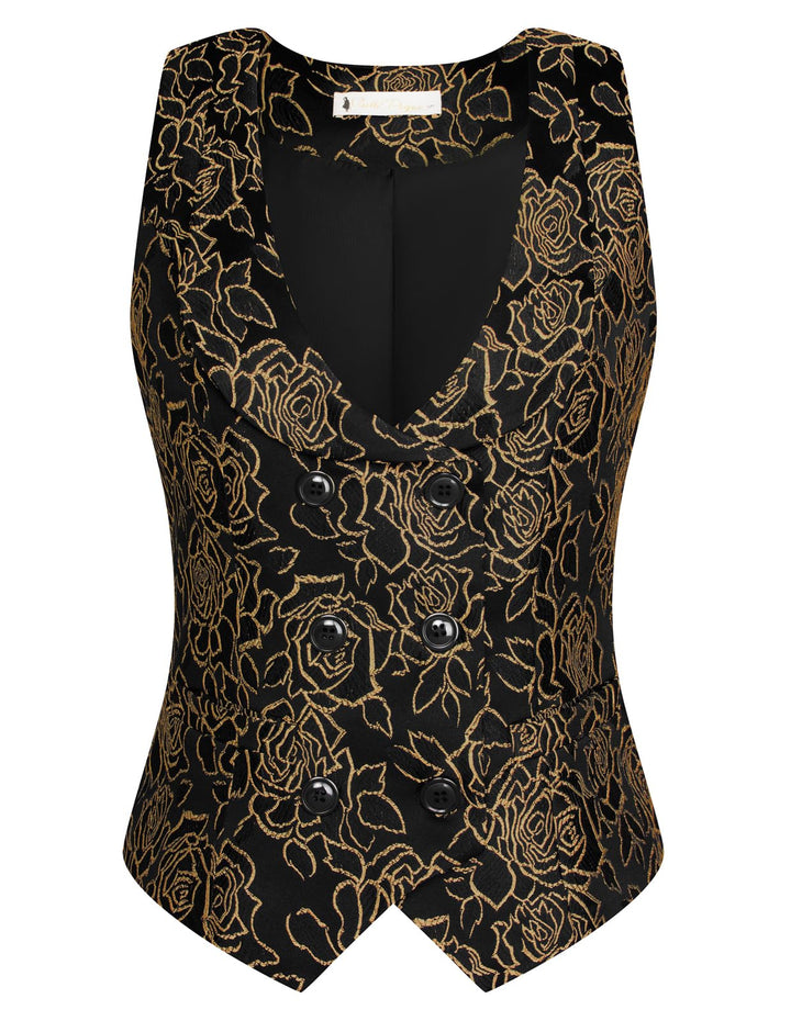 Damen Weste mit Gebogenes Revers V-Ausschnitt Karierte Weste mit Zwei Taschen Geometrischer Saum Ein