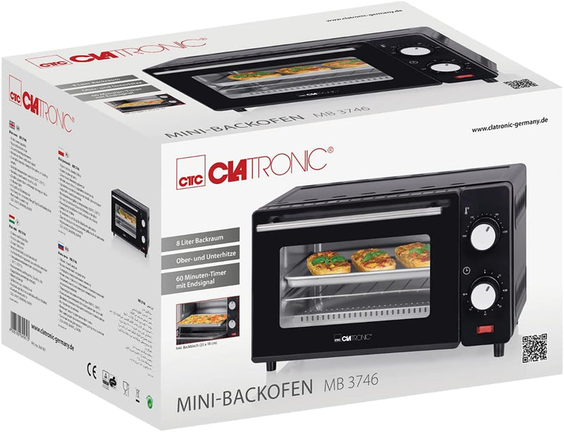 Clatronic MB 3746 Minibackofen, 8 Liter Backraum, Ober- und Unterhitze, 60 Minuten-Timer mit Endsign