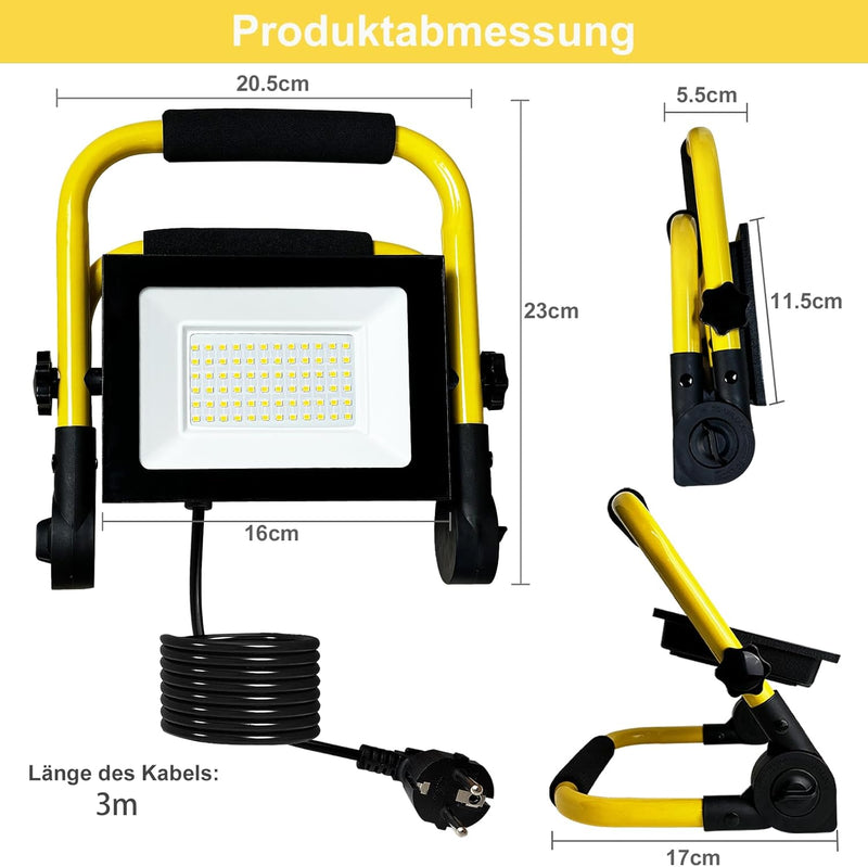 Meision LED Baustrahler 50W 4300LM Warmweiss, Superhell LED Arbeitsscheinwerfer 3000K mit Stecker +