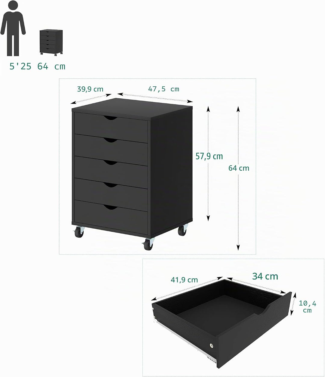 YITAHOME Rollcontainer, Mobiler Aktenschrank mit Riemenscheibe, Schliessfächer Haushalte für A4 Papi