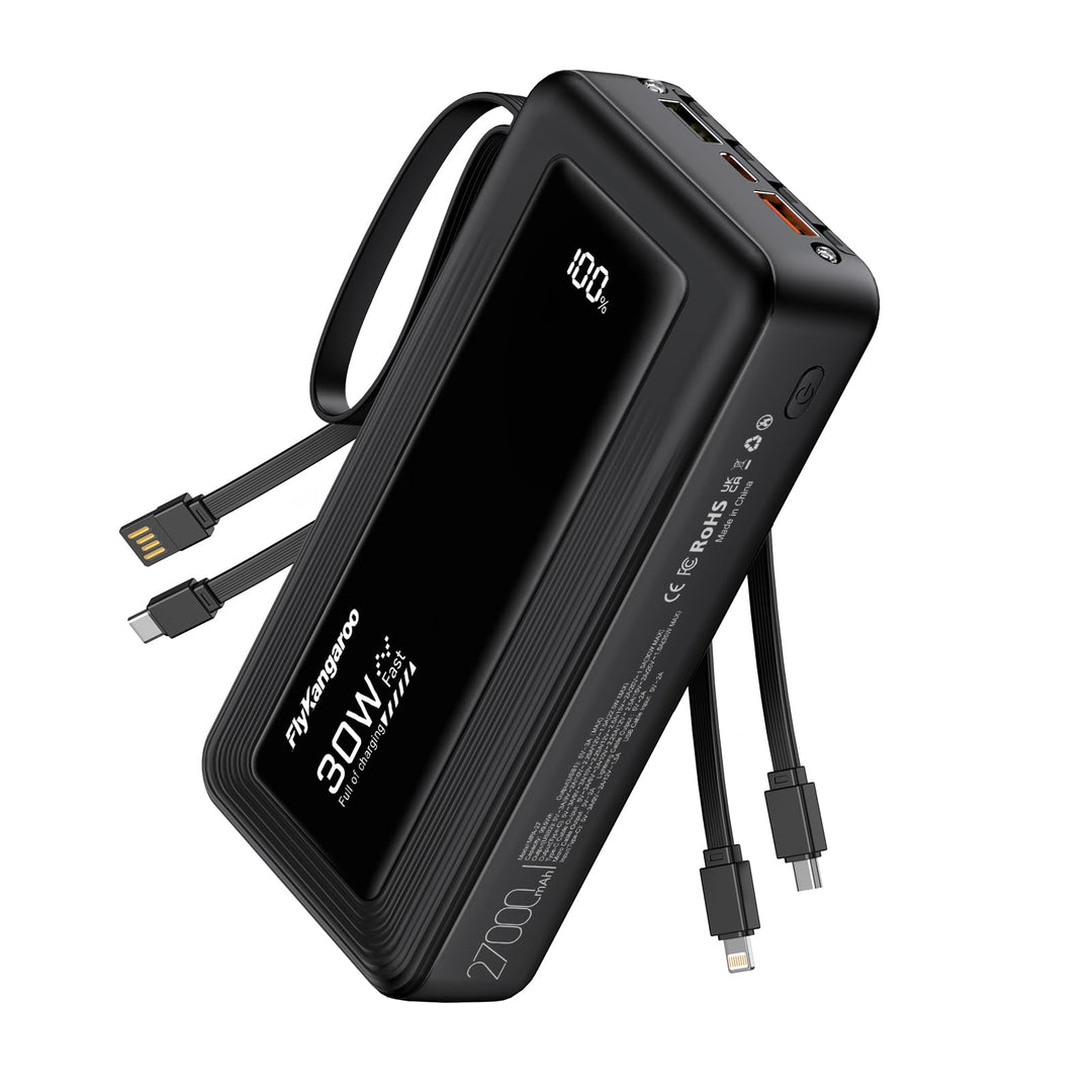 Powerbank 27000mAh mit 4 integrierten Kabel, 30W USB C Schnellladefunktion Schwarz 27000mAh, Schwarz