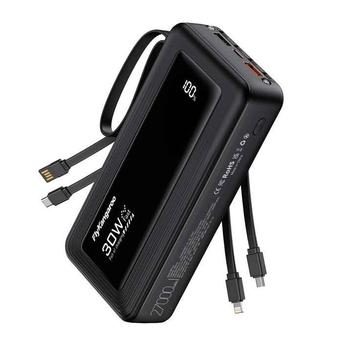 Powerbank 27000mAh mit 4 integrierten Kabel, 30W USB C Schnellladefunktion Schwarz 27000mAh, Schwarz