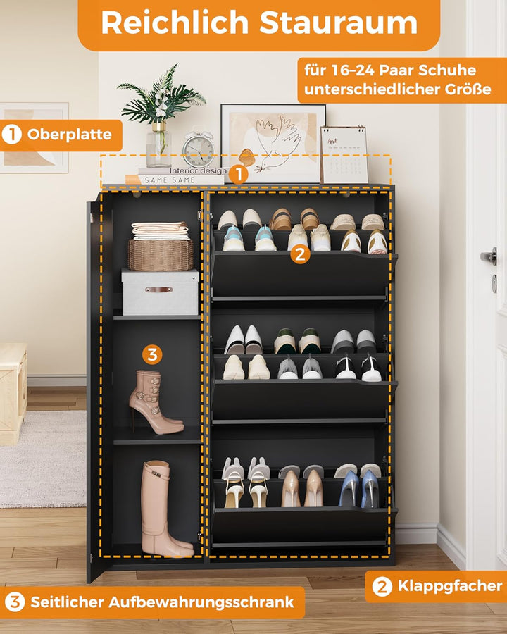 IRONCK Schuhschrank mit 3 Klappen, Schuhkipper Schmal mit Tür, Schuhregal Flur freistehend, Schuhkom