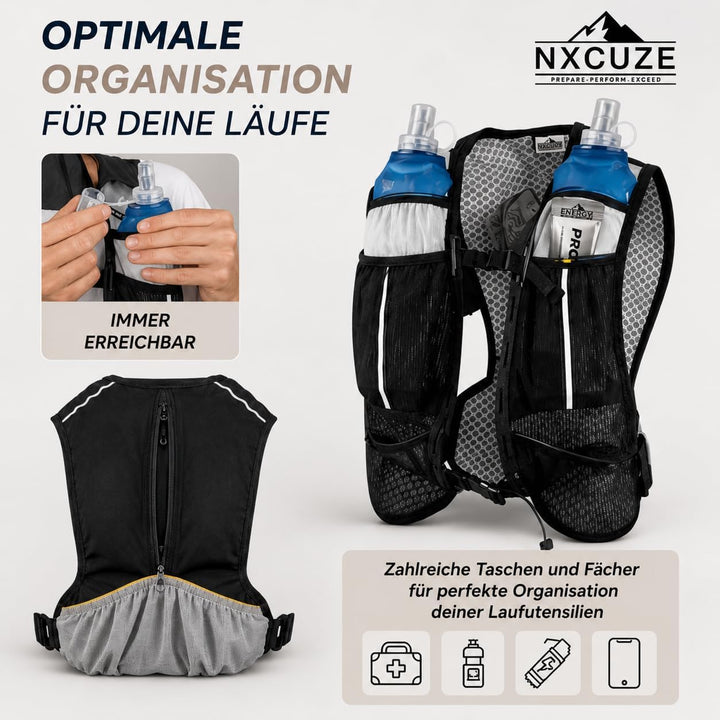 NXCUZE® Premium Laufweste Damen & Herren mit 2X 500ml Trinkflasche – Laufweste mit Trinkflasche / Tr