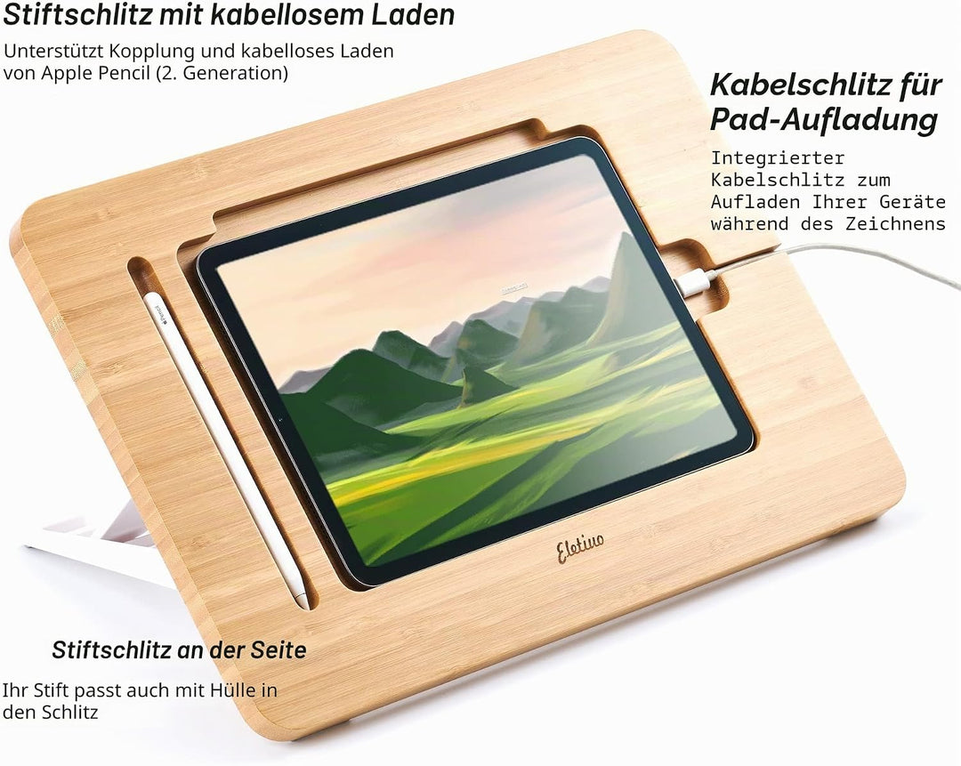 ELETIUO Verstellbarer TabletStänder mit Bleistift und Ladekabelschlitz, verbesserter BambusHolzSchre