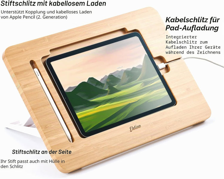 ELETIUO Verstellbarer TabletStänder mit Bleistift und Ladekabelschlitz, verbesserter BambusHolzSchre
