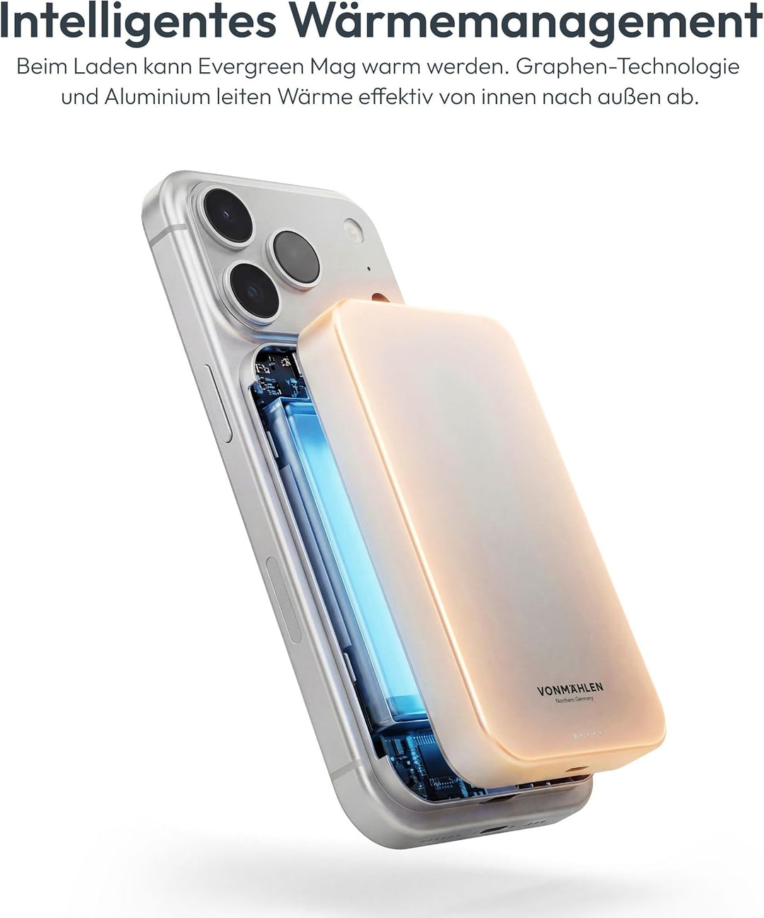 VONMÄHLEN Evergreen Mag 10.000 mAh Qi2-Powerbank – kabelloses Laden mit 15W, kompatibel mit MagSafe,