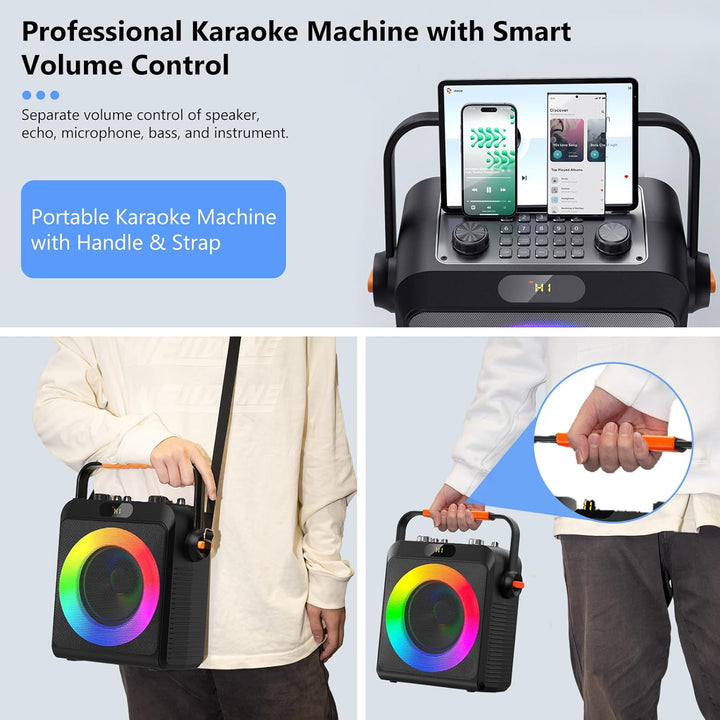 JYX Karaoke Machine mit 2 Mikrofones, Tragbaren Bluetooth Lautsprecher mit RGB-Licht, Karaoke Anlage