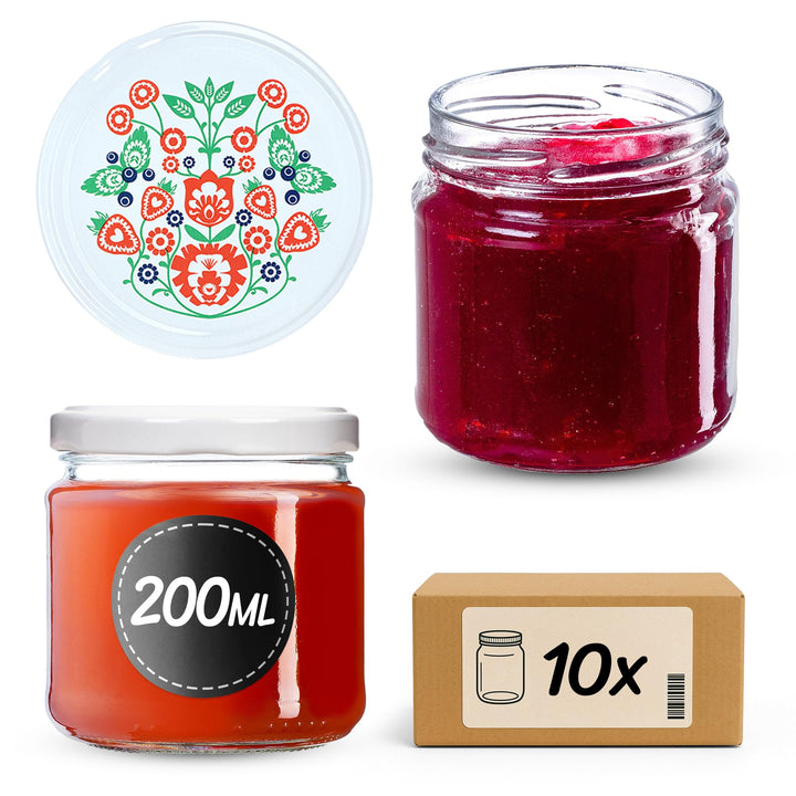KADAX 10er Set Einmachgläser 200ml Ø66mm Folklore-Muster – für Marmelade, Honig, Gewürze, Dessert |