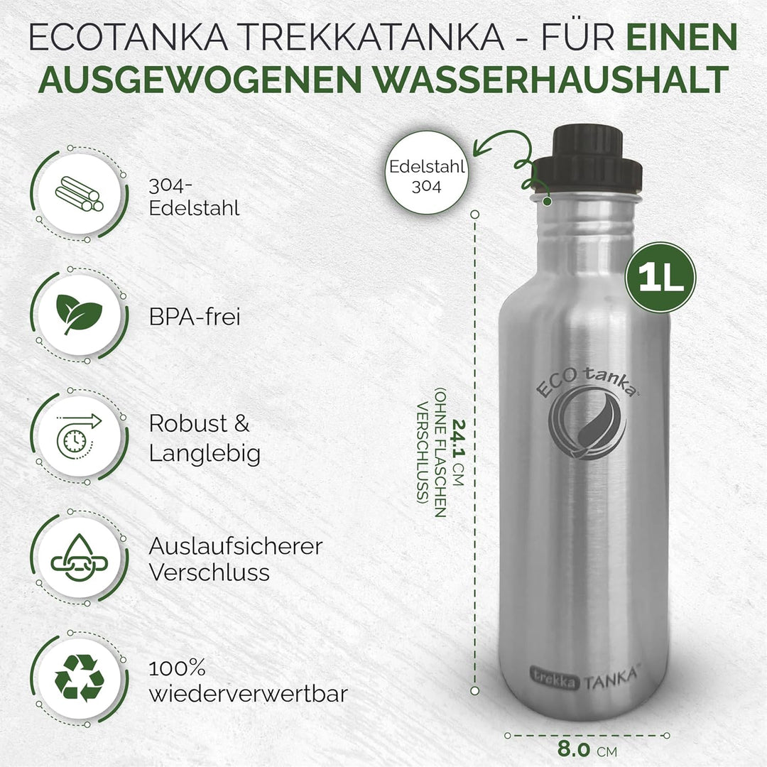1,0 Liter trekkaTANKA™ Edelstahl Trinkflasche von ECOtanka mit Reduzier-Verschluss, Nachhaltige Trin