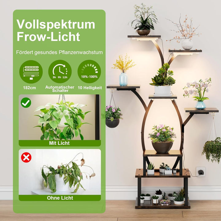 Blumenständer mit Licht Pflanzenregal mit Wachstumslicht 8 Ebenen Präsentationsständern aus Metall u