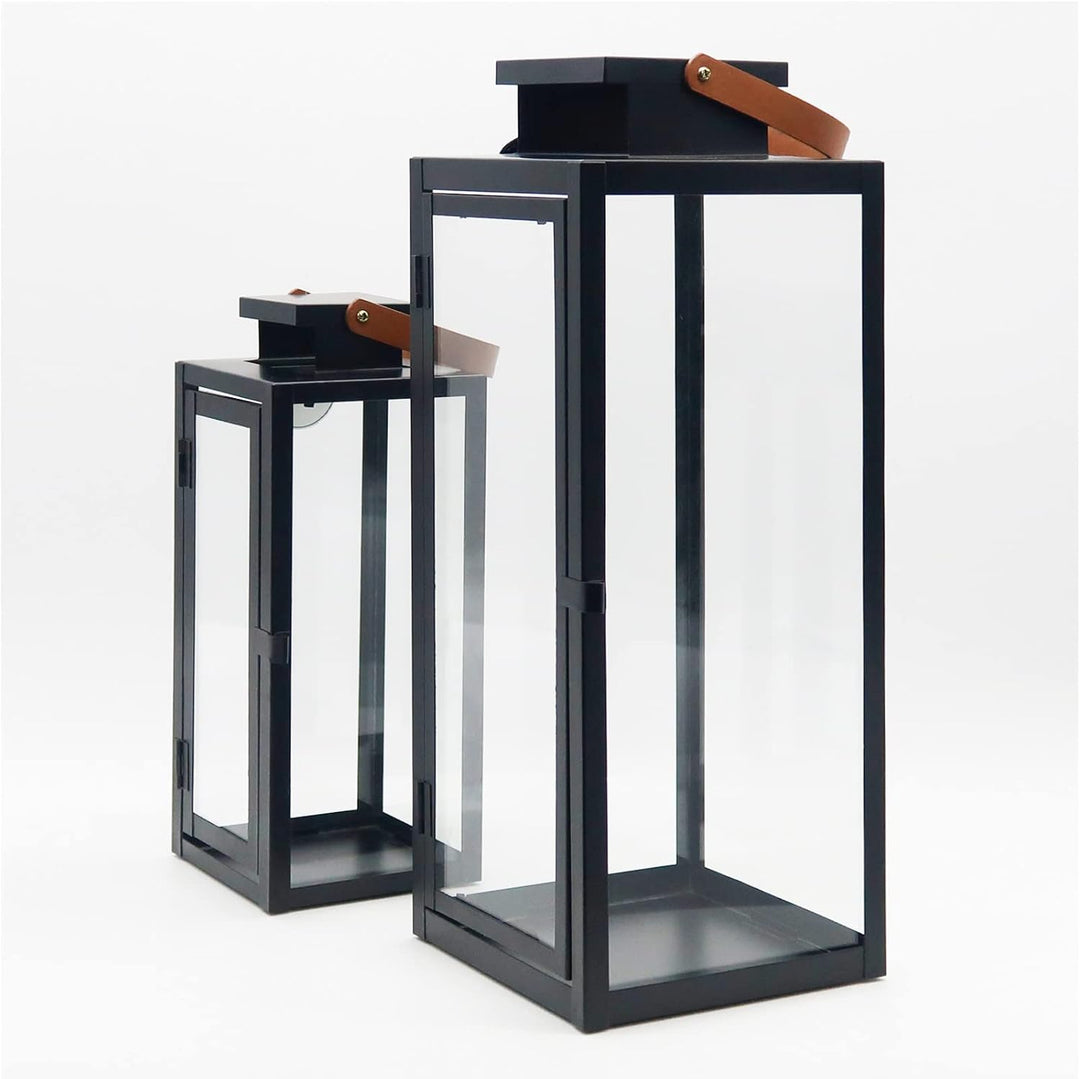 Dekovita 2er-Set Laterne in Schwarz 30cm/42cm - Gartenlaterne mit Glas-Scheiben und Kunstleder-Henke