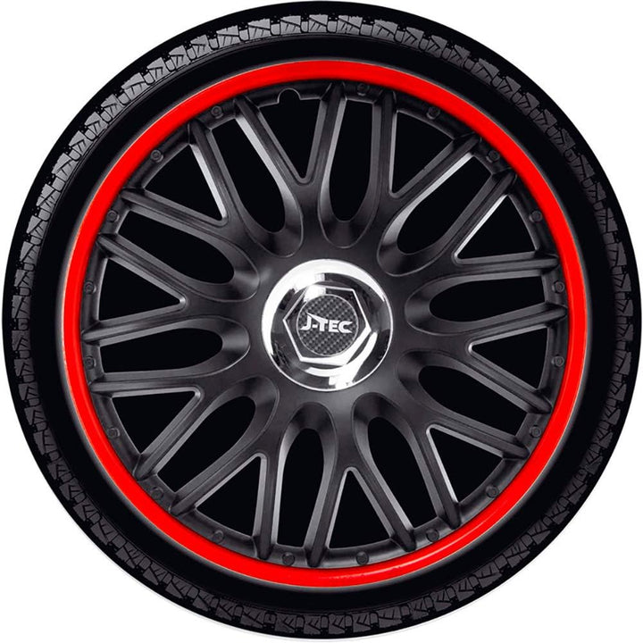Satz J-Tec Radzierblenden Orden R 14-Zoll Schwarz/Rot + Chrom Ringe 14-inch Schwarz/Rot + Chrom Ring