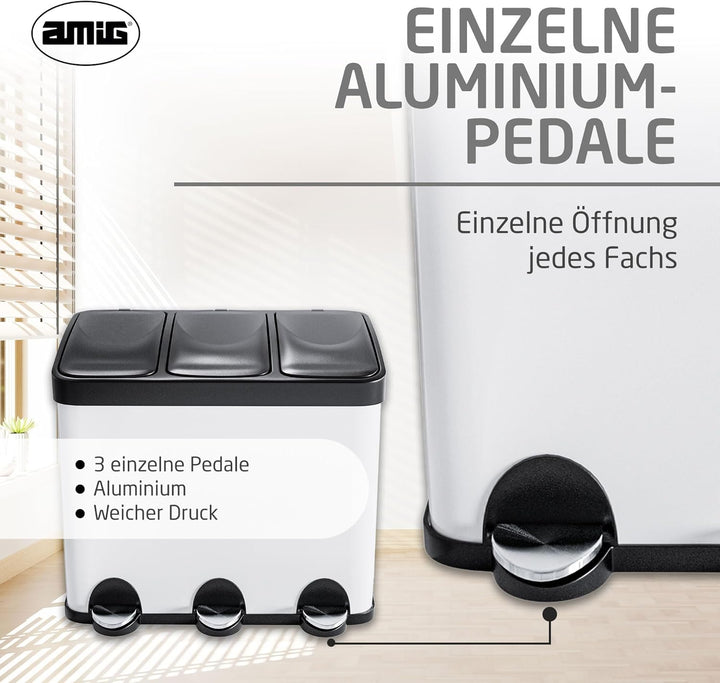 Amig - Dreifacher Mülleimer mit Pedalen 45 Liter | 3 herausnehmbare 15-Liter-Fächer | Recyclingbehäl