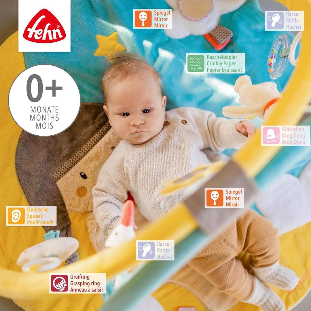 Fehn 3-D-Activity-Decke Spielbogen Bruno – Baby Krabbeldecke mit 5 abnehmbaren Spielzeugen zum Greif