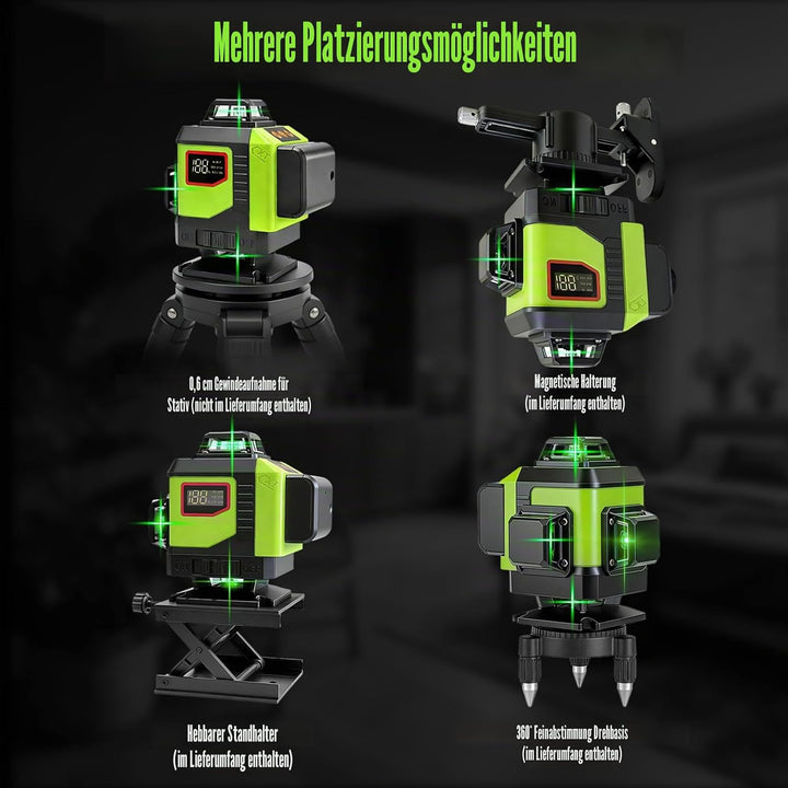 4D 16-Linien Laser-Nivelliergerät, 4×360° Selbstnivellierend mit digitaler Batterieanzeige, Grüner L