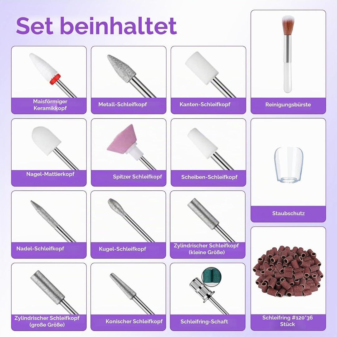 Kabellos Tragbar Nagelfräser,12 in 1 Elektrische Nagelfeile Maniküre Pediküreset mit Ladestation&amp;Nag