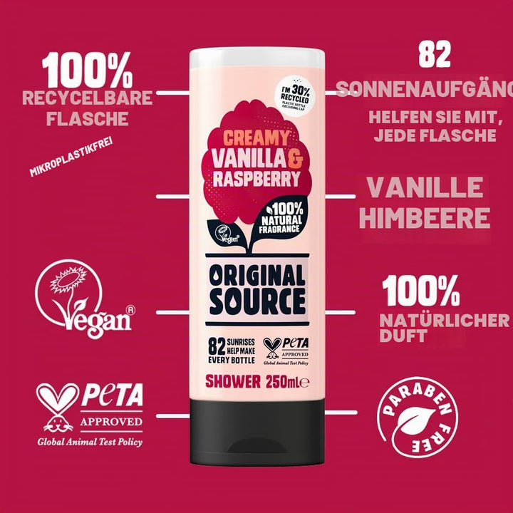 Original Source Duschgel Vanille & Himbeere, 250 ml, 6 Stück Vanillemilch und Himbeere, Vanillemilch